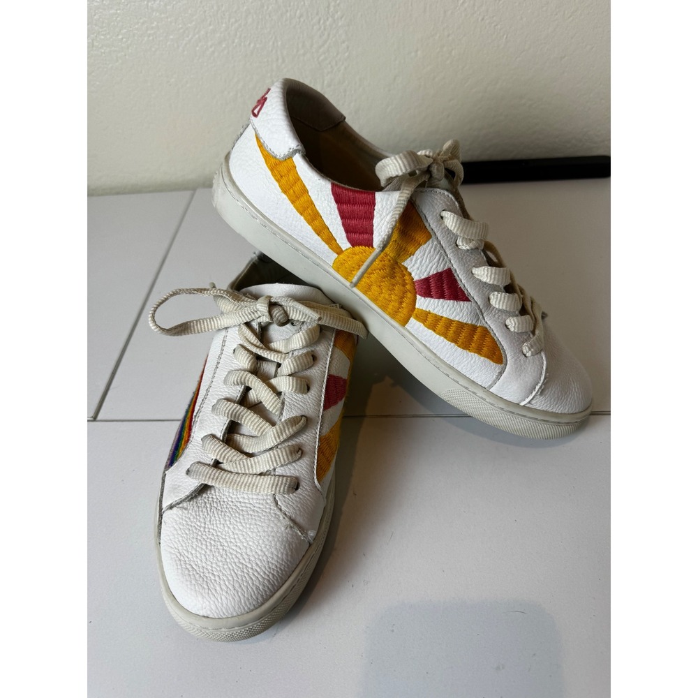 Soludos Good Vibes Rainbow Sun Leather Sneakers Womens 7.5 White Low Top‎ Retro